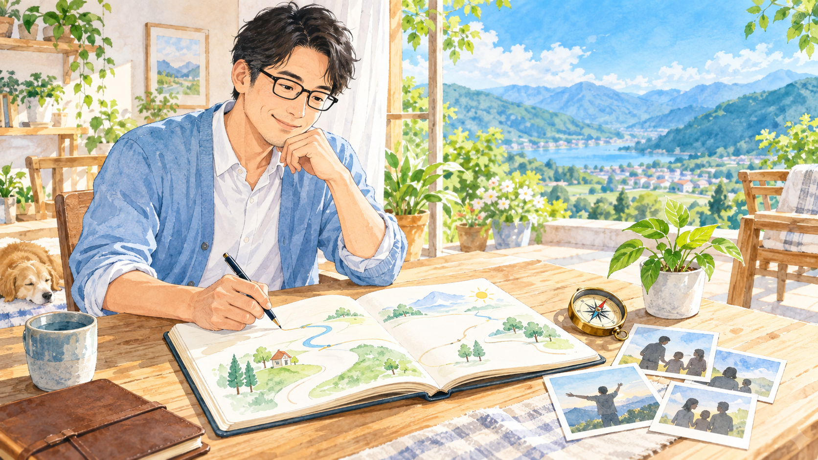 明るい山の景色を前にエンディングノートを人生の地図として描く男性の水彩イラスト